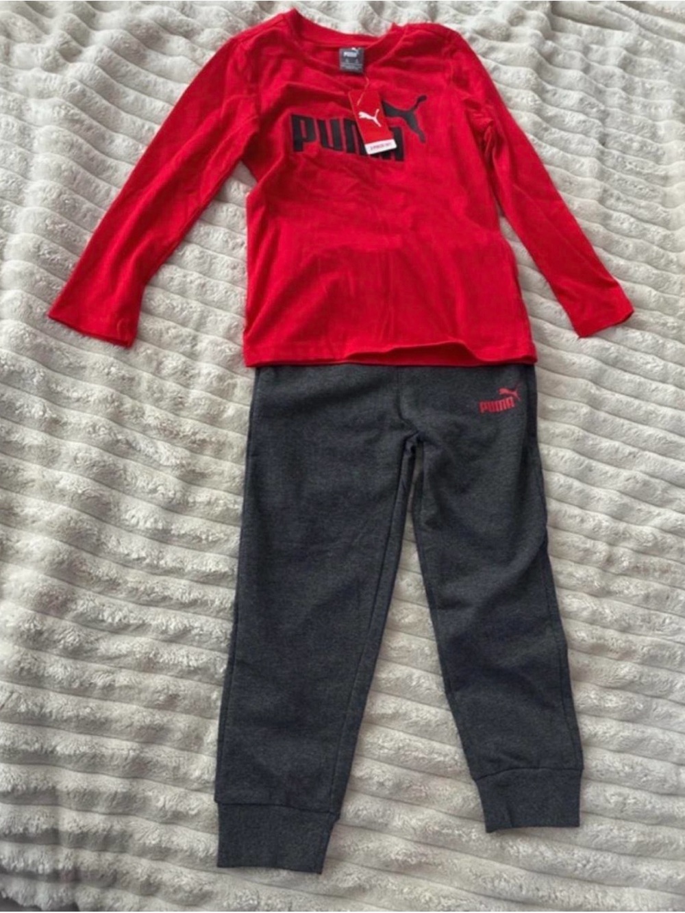 Puma Kids Red Long-Sleeve Top with Dark Gray Joggers Set